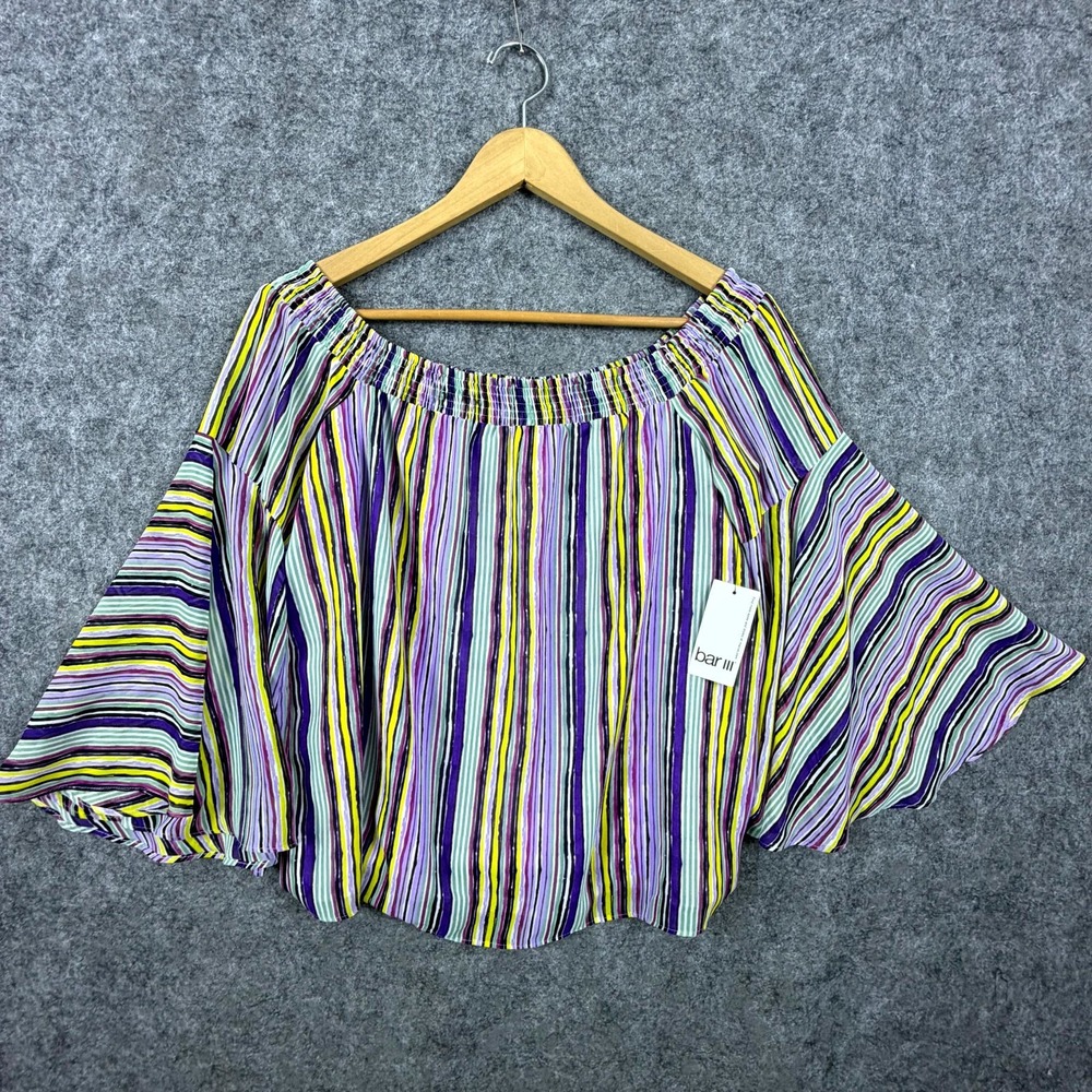 Bar III Off Shoulder Blouse Top Womens Large Purple Striped Bell Sleeve Prism